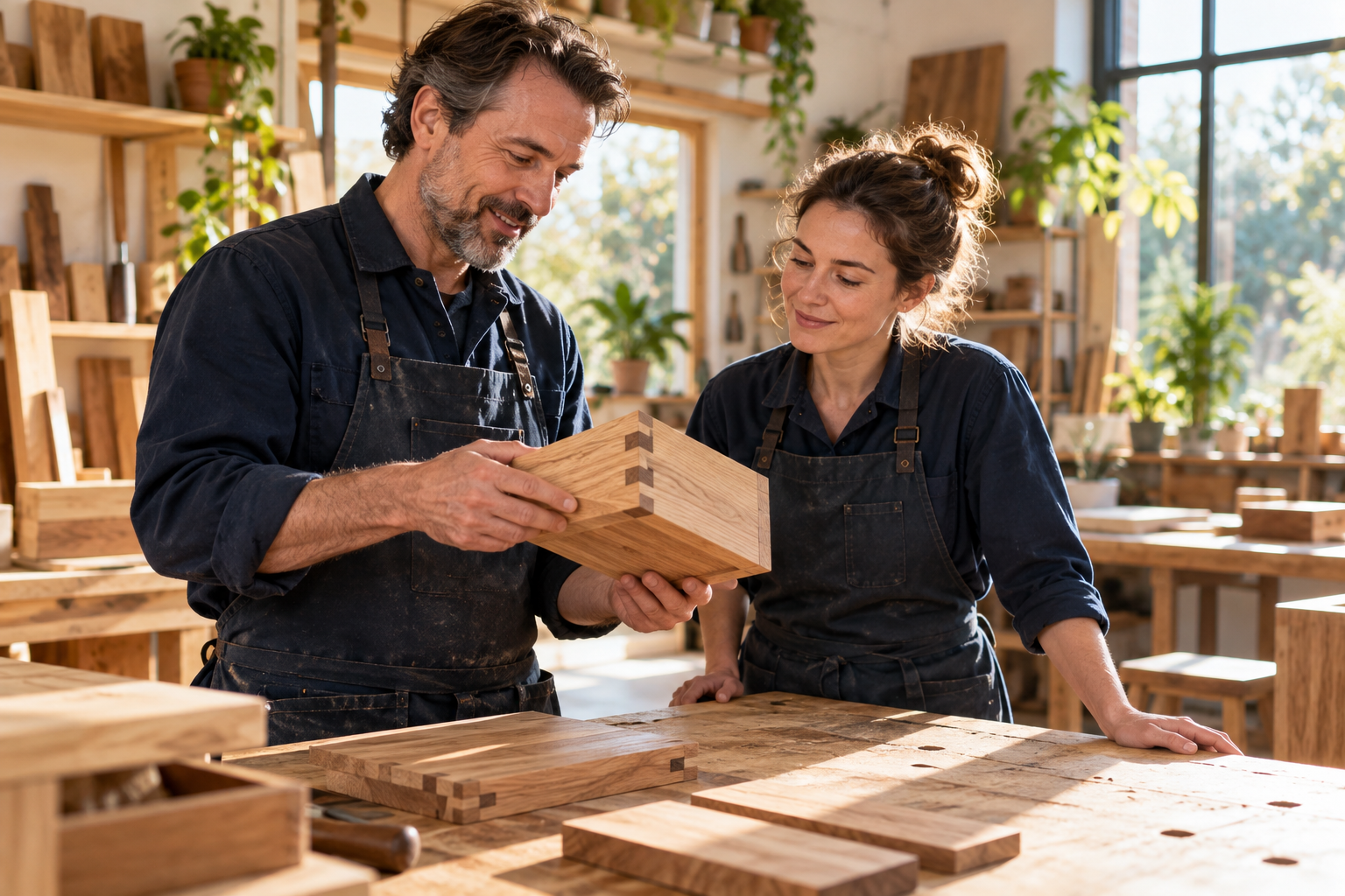 Handwerksunternehmer und Mitarbeiterin an einem Werkstück